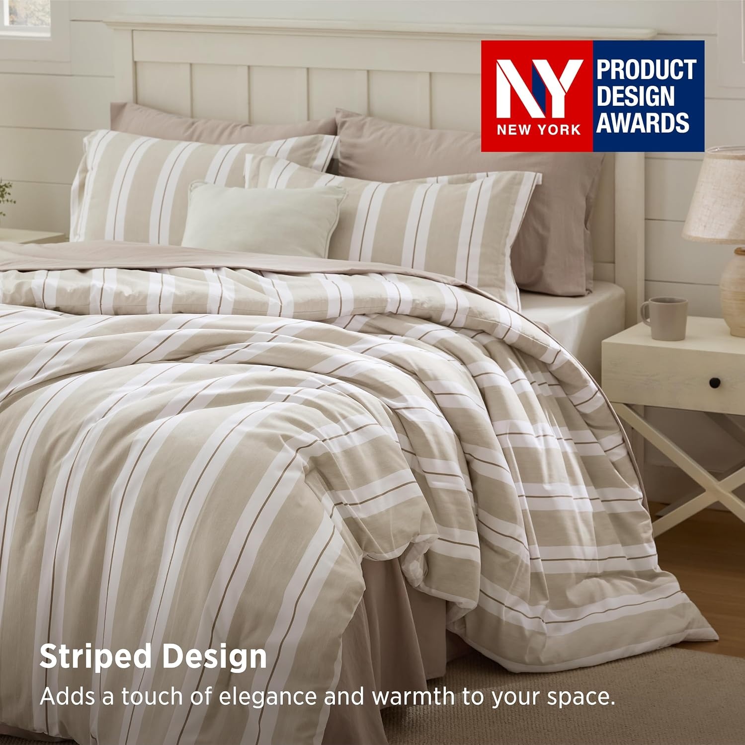 image:imageBedsure Blue Gingham Comforter Set Queen Size Soft Fall Bedding 3 pcs04 Beige Stripes