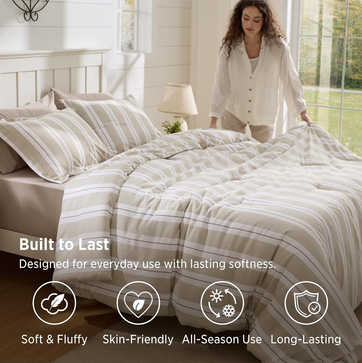 image:imageBedsure Blue Gingham Comforter Set Queen Size Soft Fall Bedding 3 pcs04 Beige Stripes