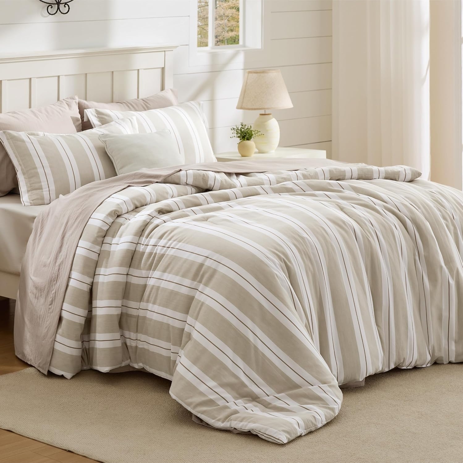 image:imageBedsure Blue Gingham Comforter Set Queen Size Soft Fall Bedding 3 pcs04 Beige Stripes