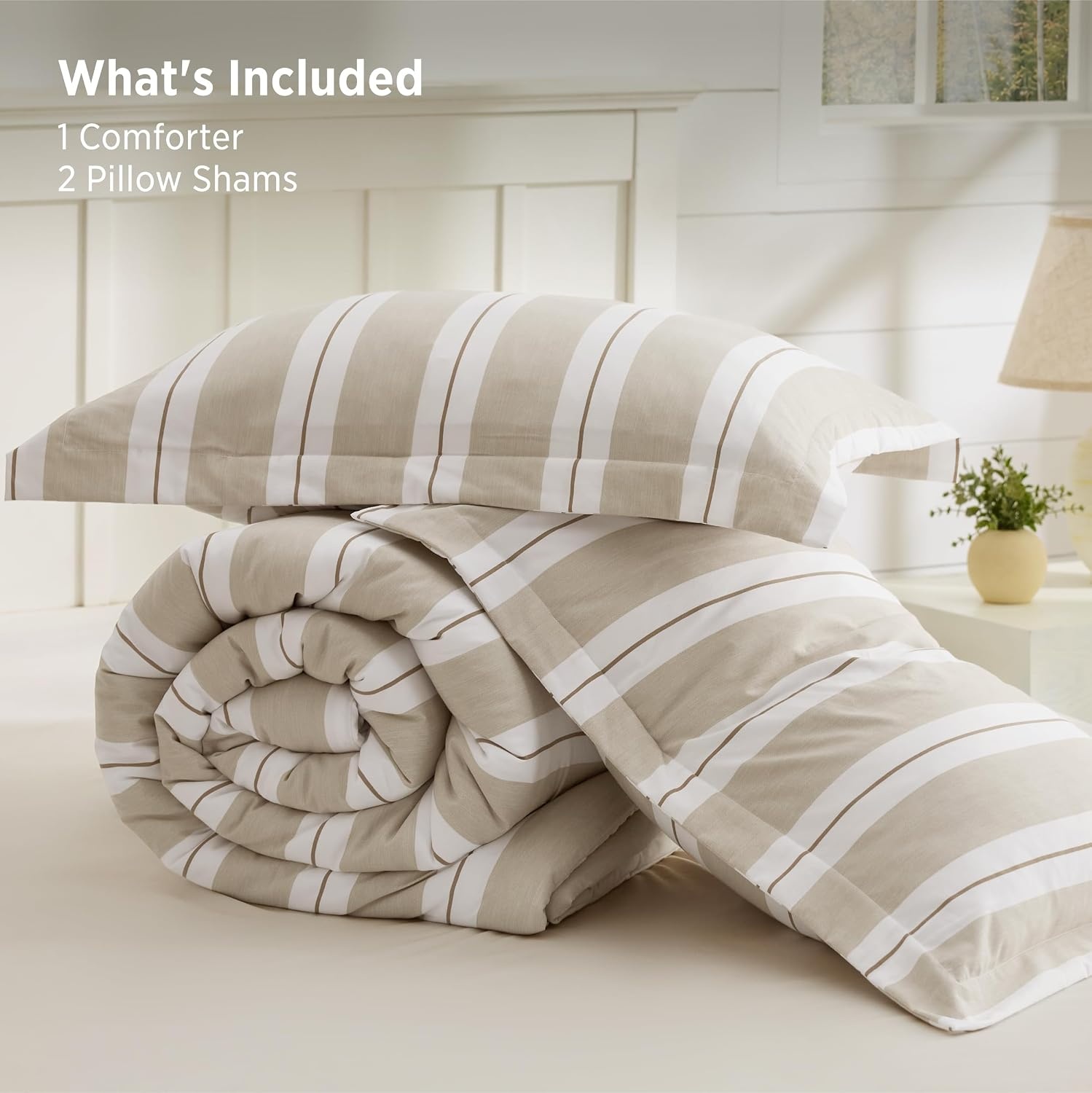 image:imageBedsure Blue Gingham Comforter Set Queen Size Soft Fall Bedding 3 pcs04 Beige Stripes