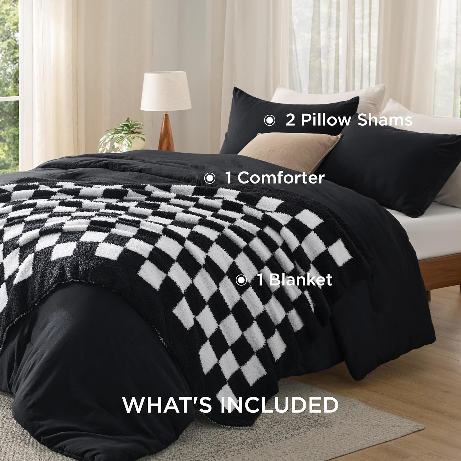 image:imageBedsure Queen Comforter Set with Checkered Throw Blanket for Couch 4 Pieces 1 Pink Comforter Queen Size 2 Pillow Shams 1 Checkered Blanket Super Soft Lightweight amp Fluffy for Bed amp SofaBlack