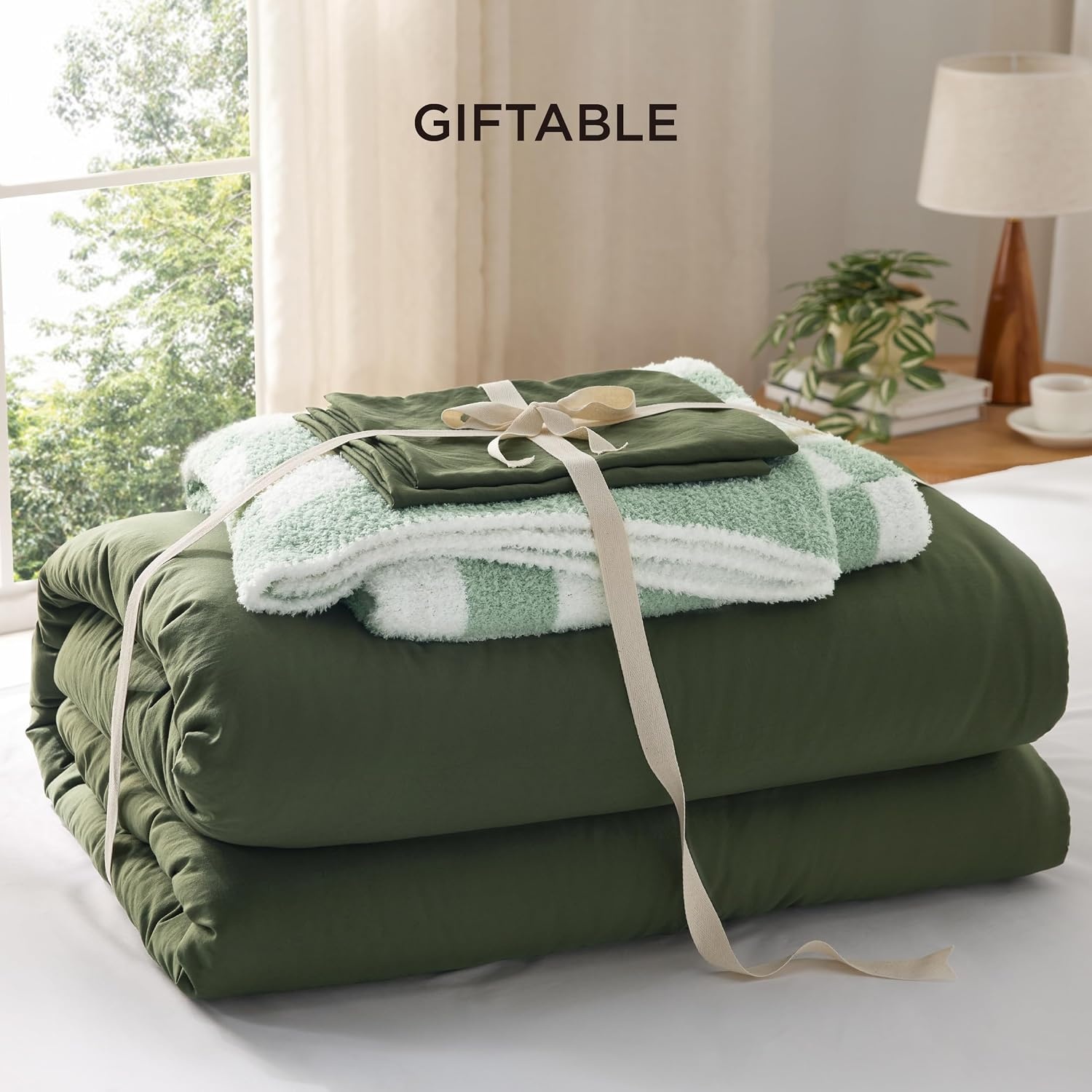 image:imageBedsure Queen Comforter Set with Checkered Throw Blanket for Couch 4 Pieces 1 Pink Comforter Queen Size 2 Pillow Shams 1 Checkered Blanket Super Soft Lightweight amp Fluffy for Bed amp SofaOlive Green