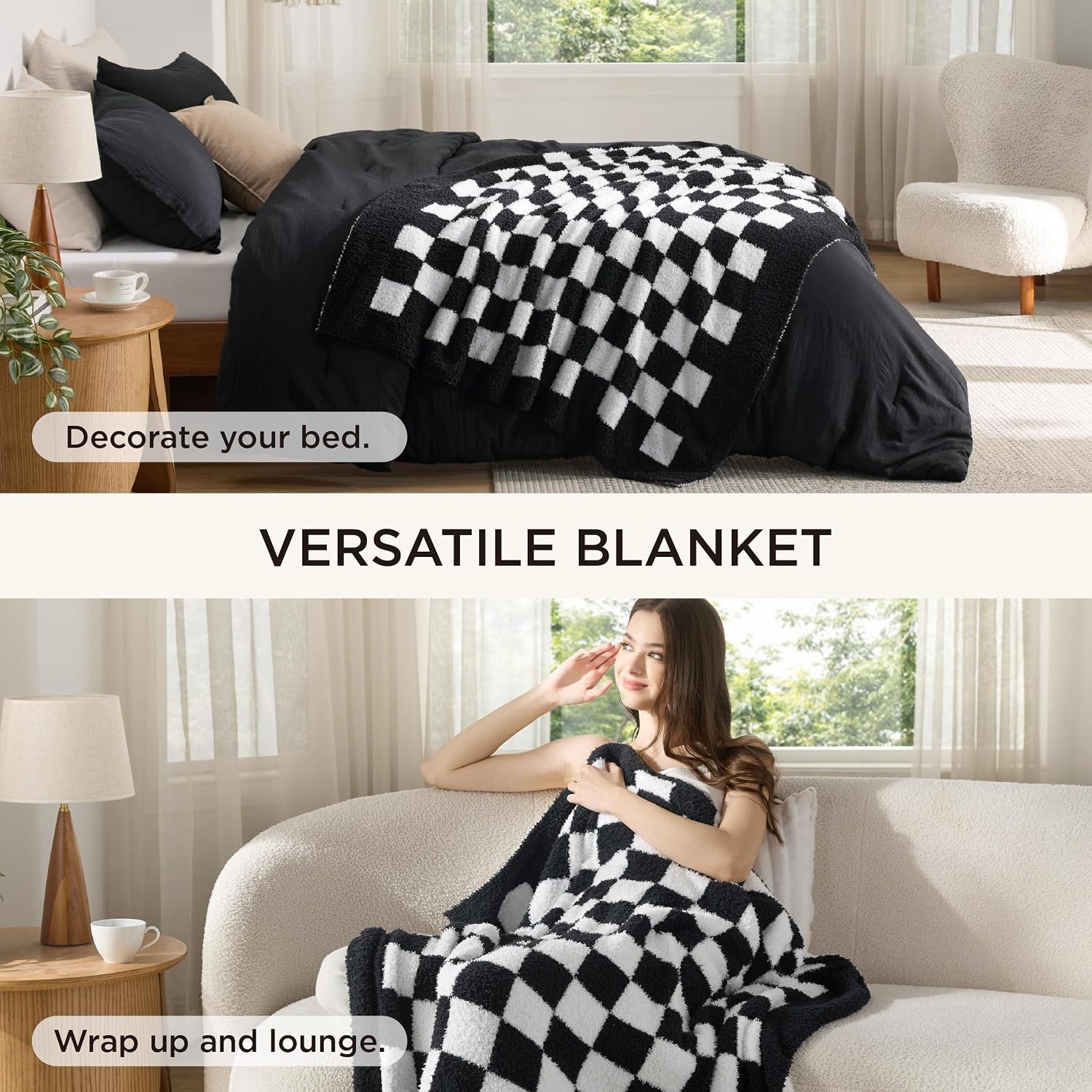 image:imageBedsure Queen Comforter Set with Checkered Throw Blanket for Couch 4 Pieces 1 Pink Comforter Queen Size 2 Pillow Shams 1 Checkered Blanket Super Soft Lightweight amp Fluffy for Bed amp SofaBlack