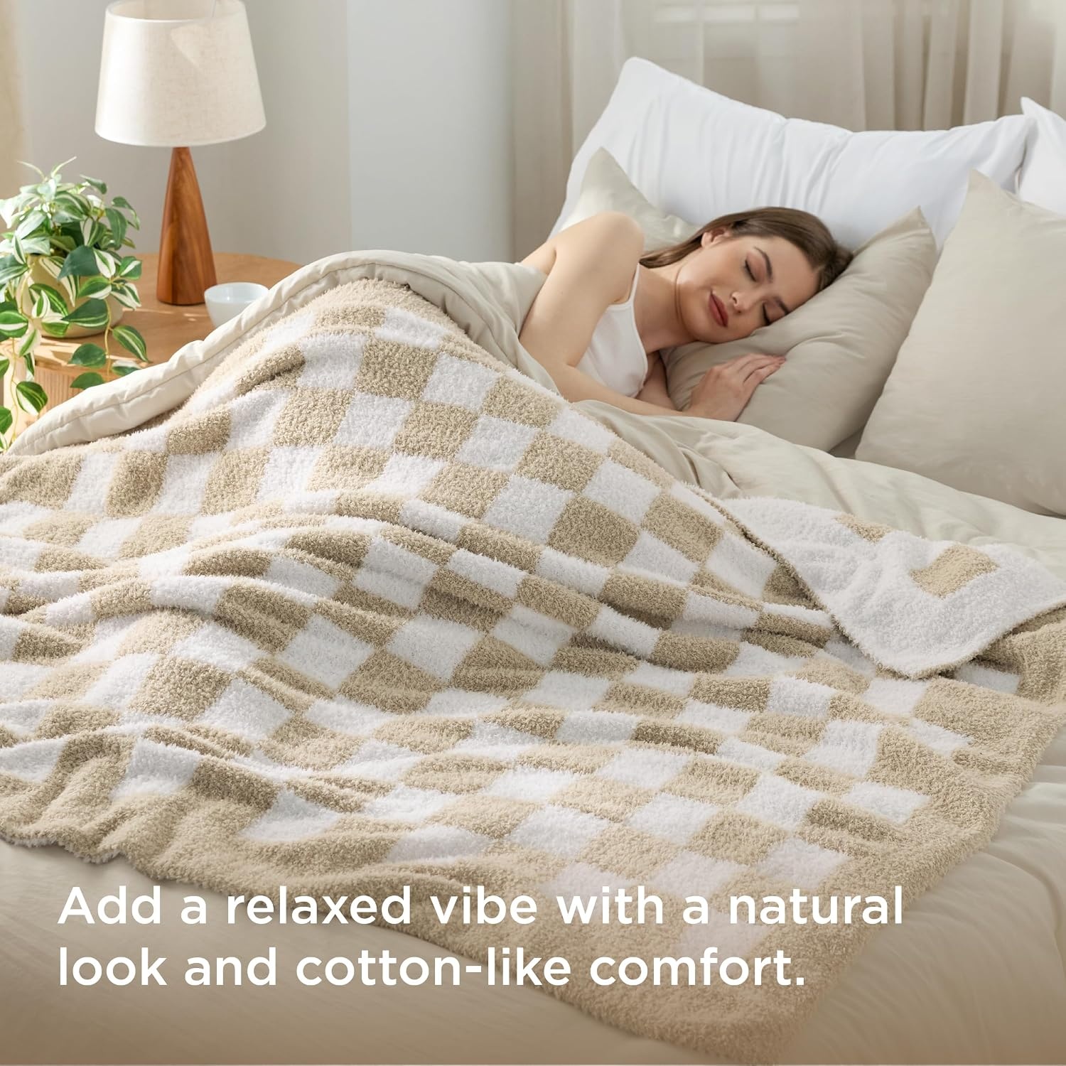 image:imageBedsure Queen Comforter Set with Checkered Throw Blanket for Couch 4 Pieces 1 Pink Comforter Queen Size 2 Pillow Shams 1 Checkered Blanket Super Soft Lightweight amp Fluffy for Bed amp SofaBeige