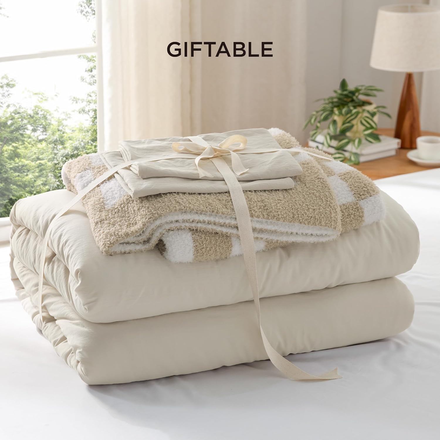 image:imageBedsure Queen Comforter Set with Checkered Throw Blanket for Couch 4 Pieces 1 Pink Comforter Queen Size 2 Pillow Shams 1 Checkered Blanket Super Soft Lightweight amp Fluffy for Bed amp SofaBeige
