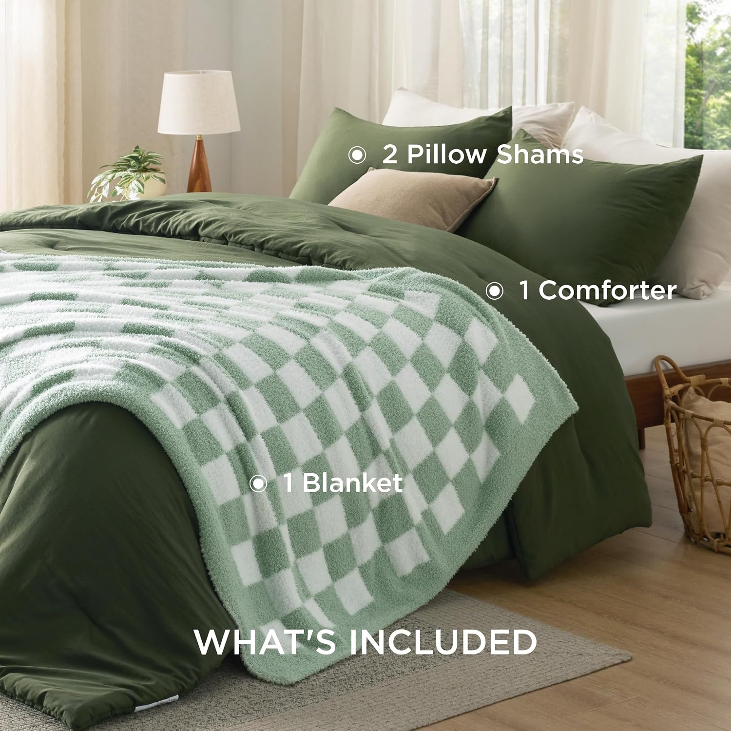 image:imageBedsure Queen Comforter Set with Checkered Throw Blanket for Couch 4 Pieces 1 Pink Comforter Queen Size 2 Pillow Shams 1 Checkered Blanket Super Soft Lightweight amp Fluffy for Bed amp SofaOlive Green