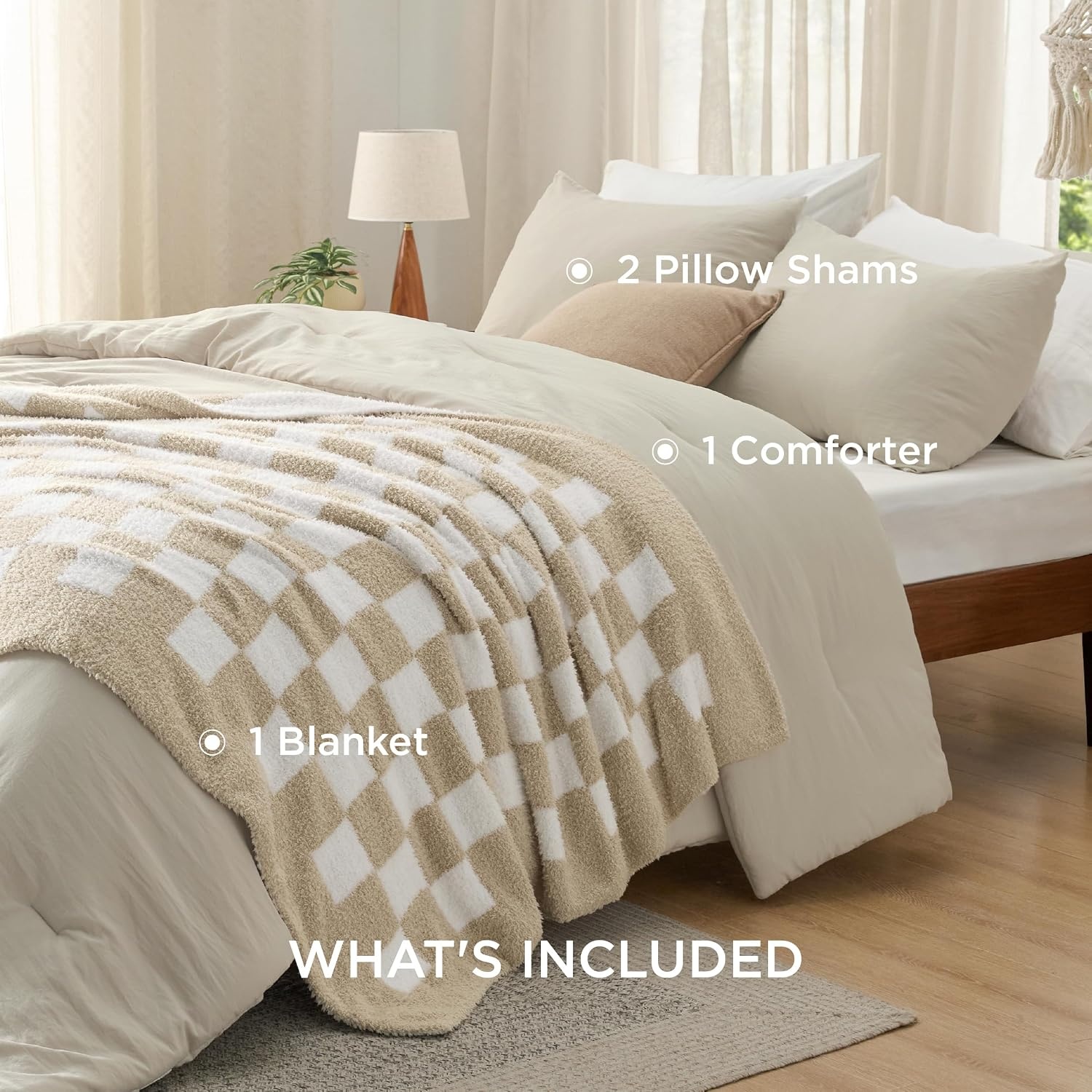 image:imageBedsure Queen Comforter Set with Checkered Throw Blanket for Couch 4 Pieces 1 Pink Comforter Queen Size 2 Pillow Shams 1 Checkered Blanket Super Soft Lightweight amp Fluffy for Bed amp SofaBeige