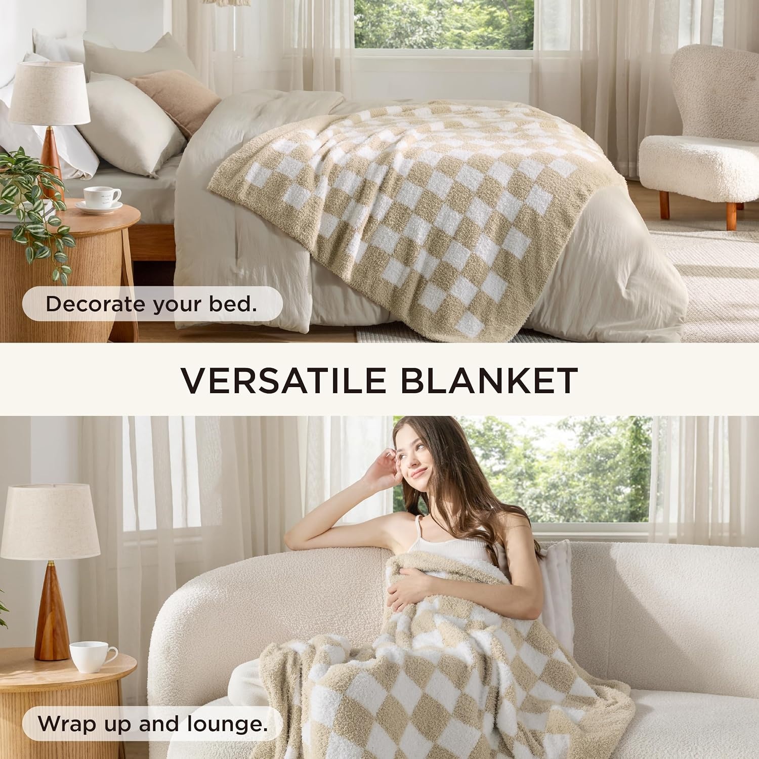 image:imageBedsure Queen Comforter Set with Checkered Throw Blanket for Couch 4 Pieces 1 Pink Comforter Queen Size 2 Pillow Shams 1 Checkered Blanket Super Soft Lightweight amp Fluffy for Bed amp SofaBeige