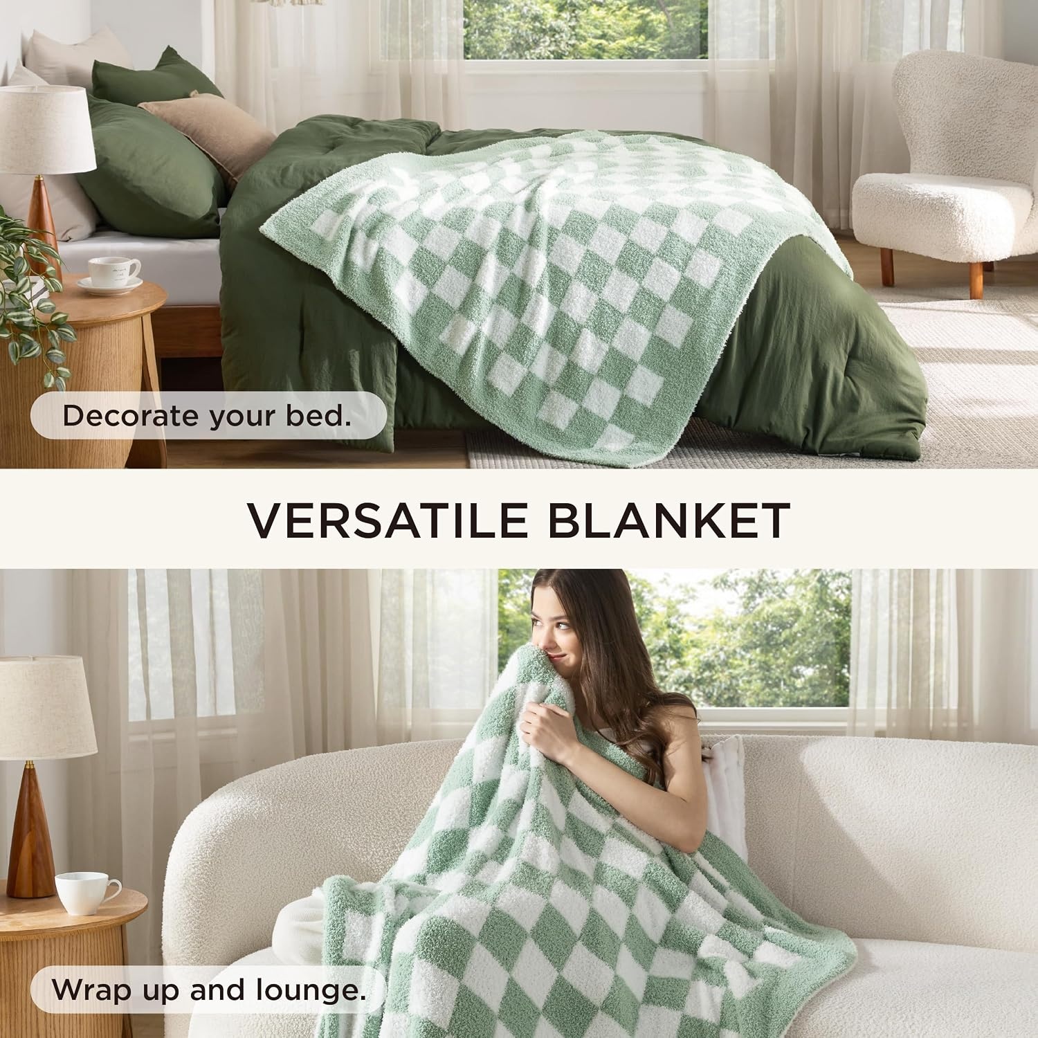 image:imageBedsure Queen Comforter Set with Checkered Throw Blanket for Couch 4 Pieces 1 Pink Comforter Queen Size 2 Pillow Shams 1 Checkered Blanket Super Soft Lightweight amp Fluffy for Bed amp SofaOlive Green
