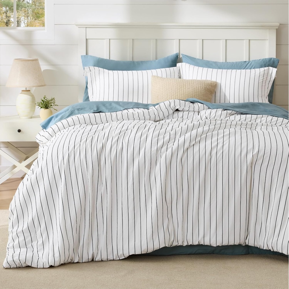 image:imageBedsure Blue Gingham Comforter Set Queen Size Soft Fall Bedding 3 pcs03 Black White Stripes