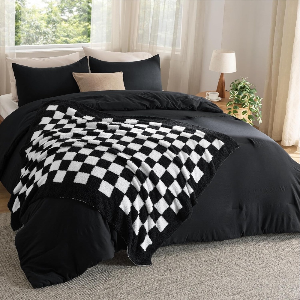 image:imageBedsure Queen Comforter Set with Checkered Throw Blanket for Couch 4 Pieces 1 Pink Comforter Queen Size 2 Pillow Shams 1 Checkered Blanket Super Soft Lightweight amp Fluffy for Bed amp SofaBlack