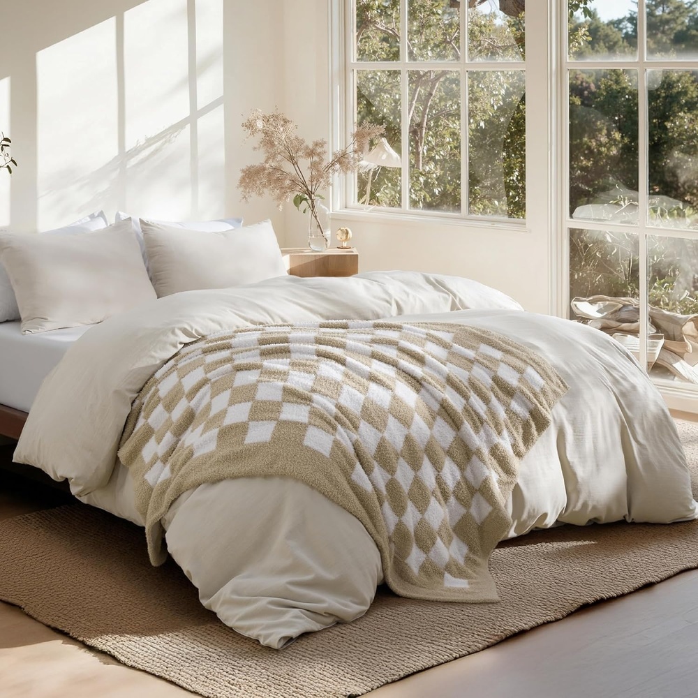 image:imageBedsure Queen Comforter Set with Checkered Throw Blanket for Couch 4 Pieces 1 Pink Comforter Queen Size 2 Pillow Shams 1 Checkered Blanket Super Soft Lightweight amp Fluffy for Bed amp SofaBeige