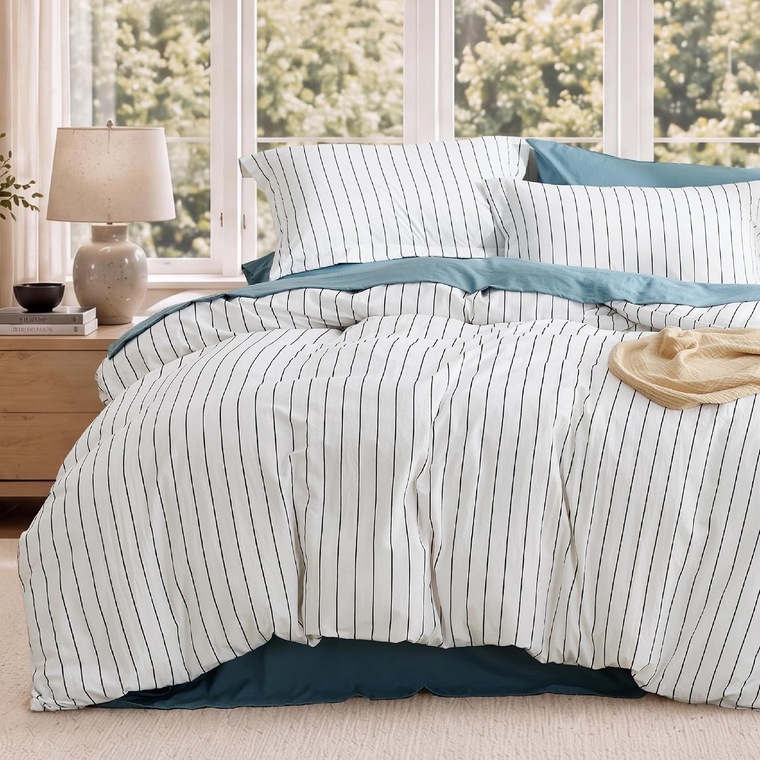 image:imageBedsure Striped Duvet Cover Set CottonLike Bedding Queen Size Olive Green01 Stripes BlackWhite No Comforter