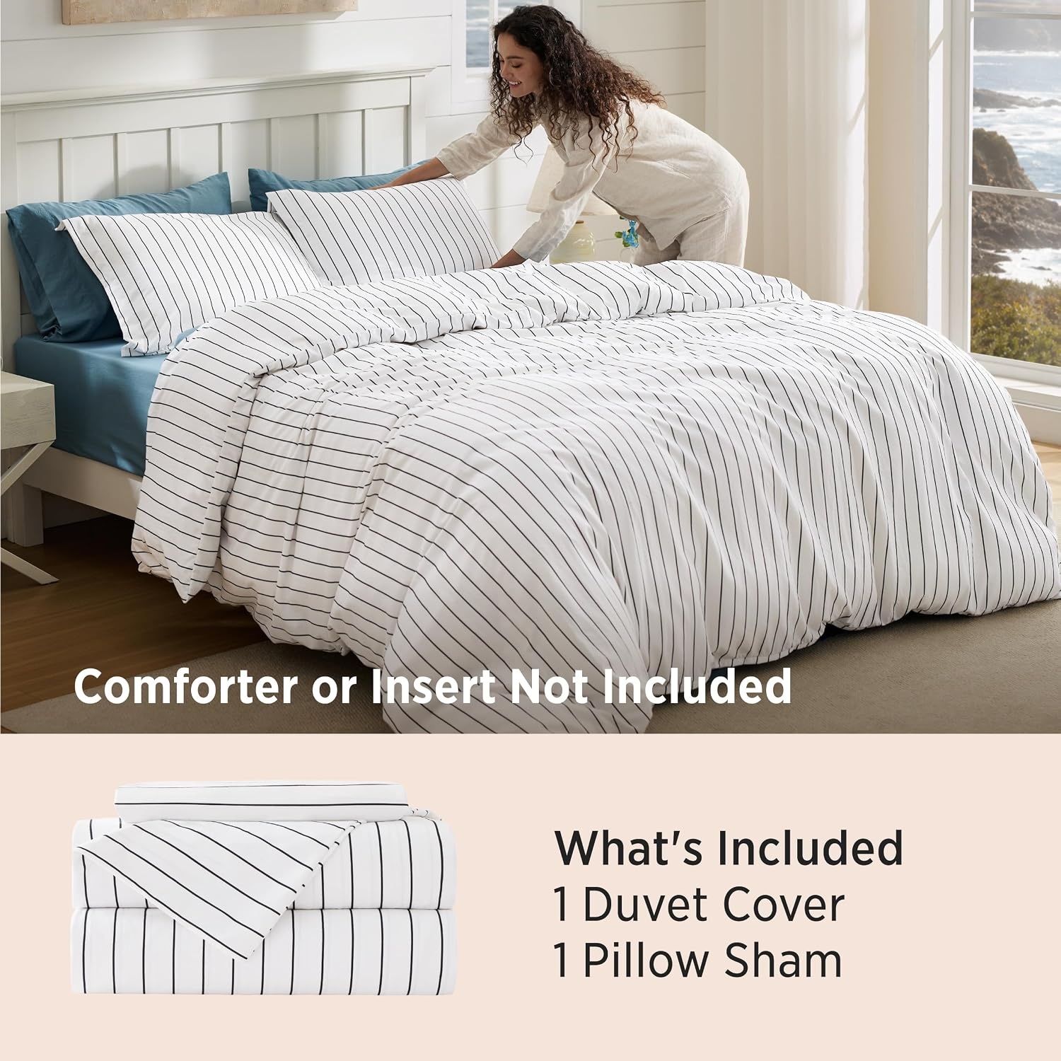 image:imageBedsure Striped Duvet Cover Set CottonLike Bedding Queen Size Olive Green01 Stripes BlackWhite No Comforter