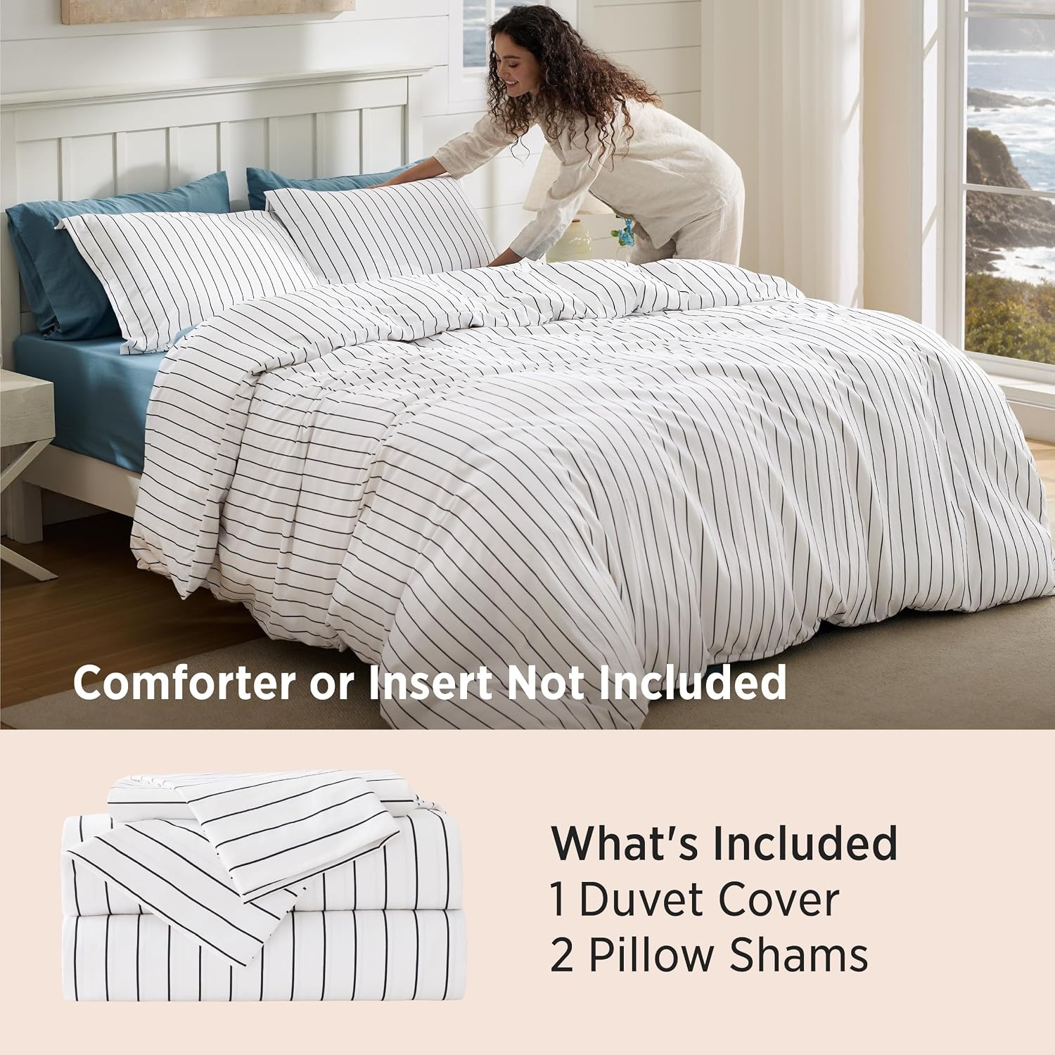 image:imageBedsure Striped Duvet Cover Set CottonLike Bedding Queen Size Olive Green01 Stripes BlackWhite No Comforter