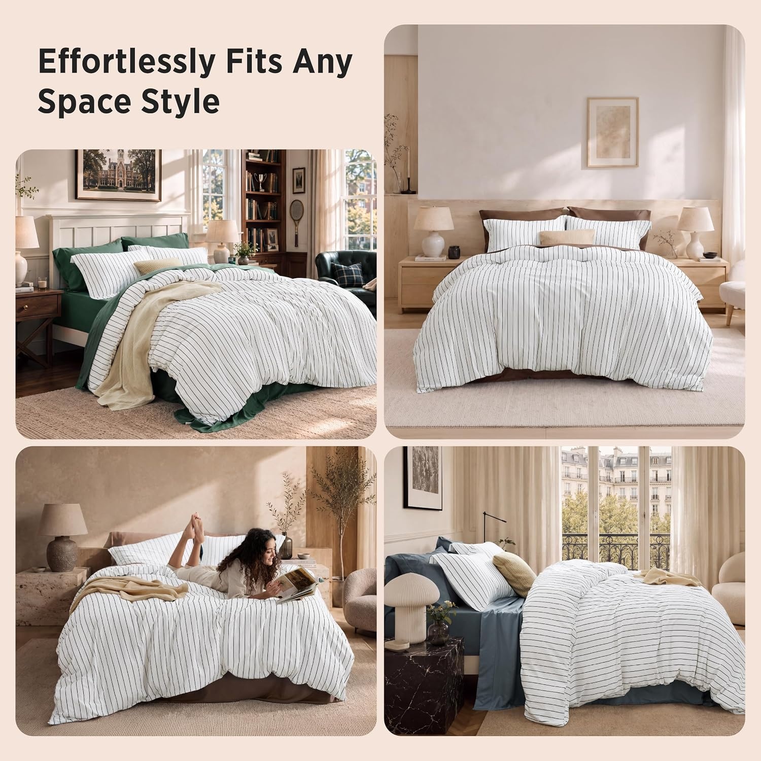 image:imageBedsure Striped Duvet Cover Set CottonLike Bedding Queen Size Olive Green01 Stripes BlackWhite No Comforter
