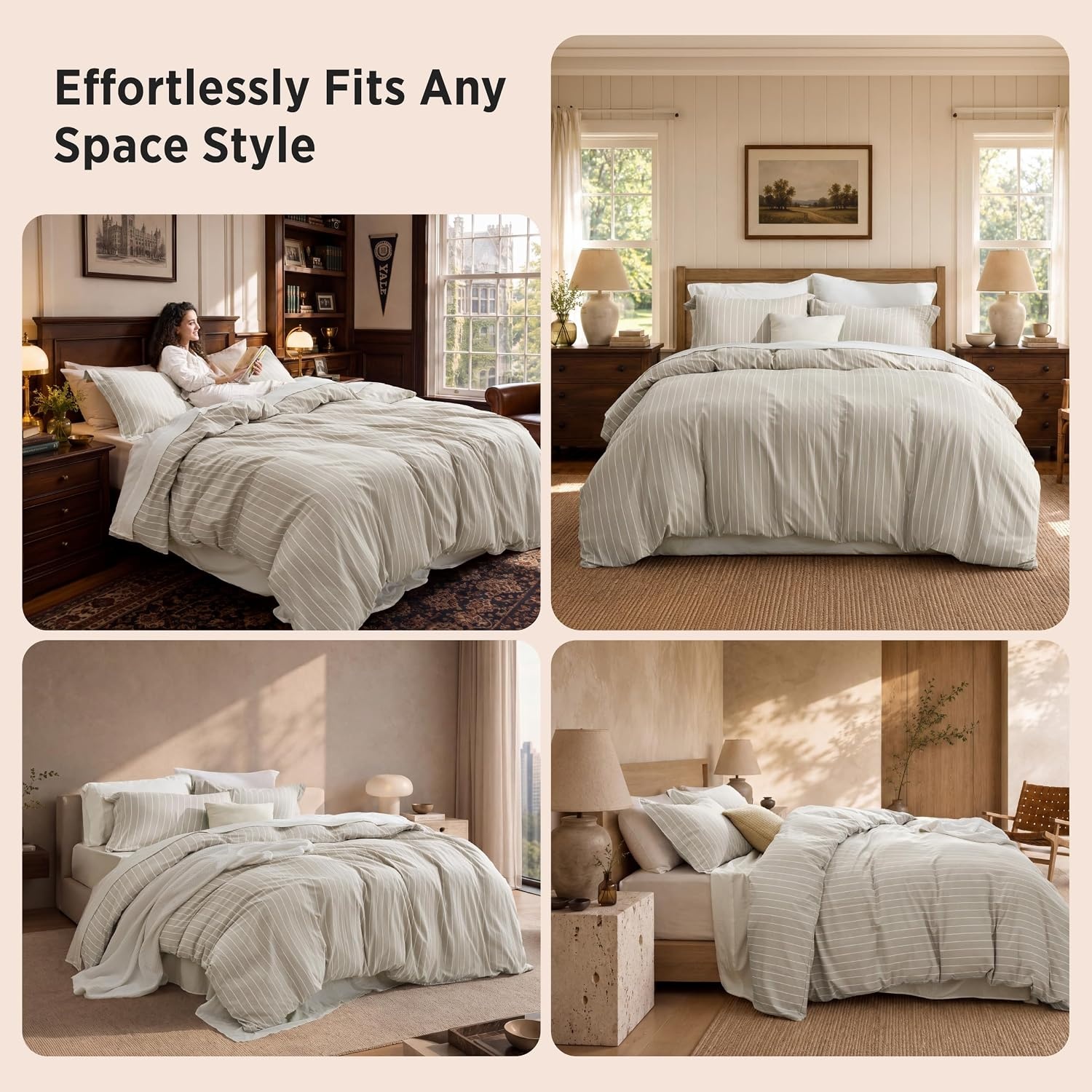image:imageBedsure Striped Duvet Cover Set CottonLike Bedding Queen Size Olive Green02 Stripes Tannish Linen No Comforter