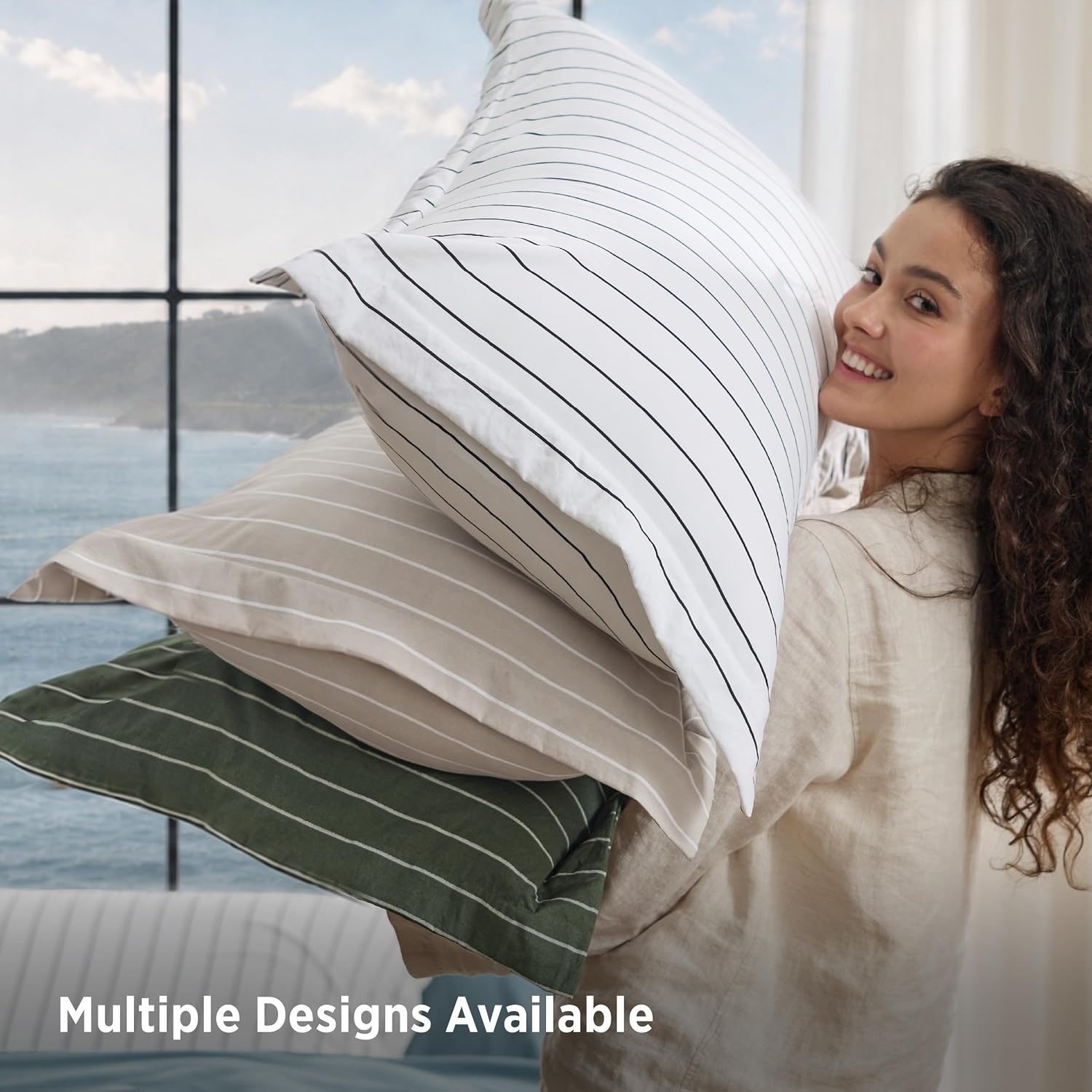 image:imageBedsure Striped Duvet Cover Set CottonLike Bedding Queen Size Olive Green02 Stripes Tannish Linen No Comforter