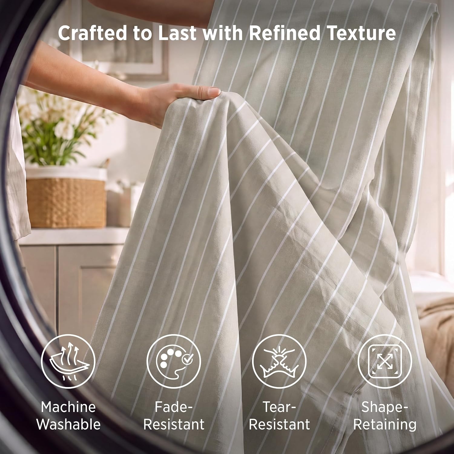 image:imageBedsure Striped Duvet Cover Set CottonLike Bedding Queen Size Olive Green02 Stripes Tannish Linen No Comforter