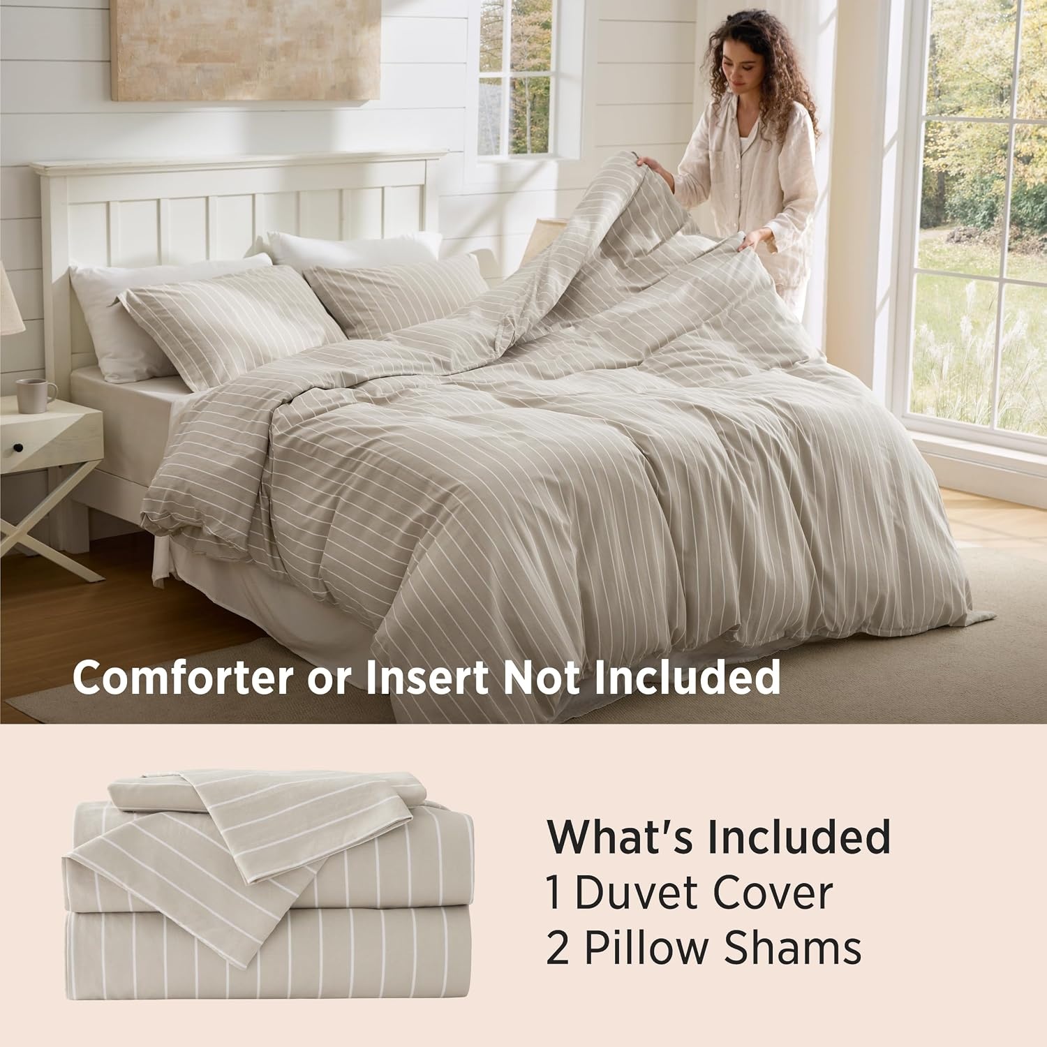 image:imageBedsure Striped Duvet Cover Set CottonLike Bedding Queen Size Olive Green02 Stripes Tannish Linen No Comforter