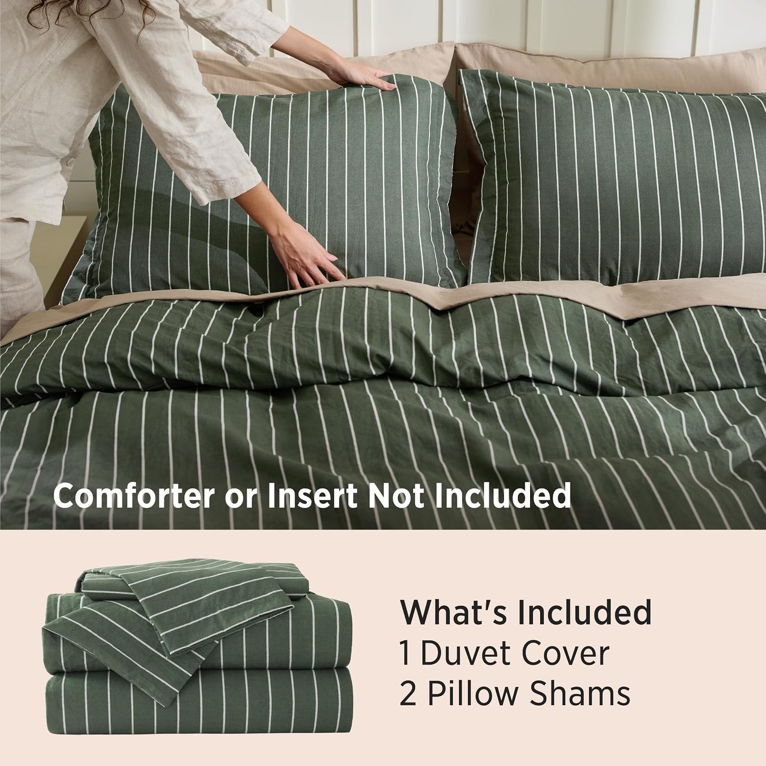 image:imageBedsure Striped Duvet Cover Set CottonLike Bedding Queen Size Olive Green03 Stripes Olive Green No Comforter