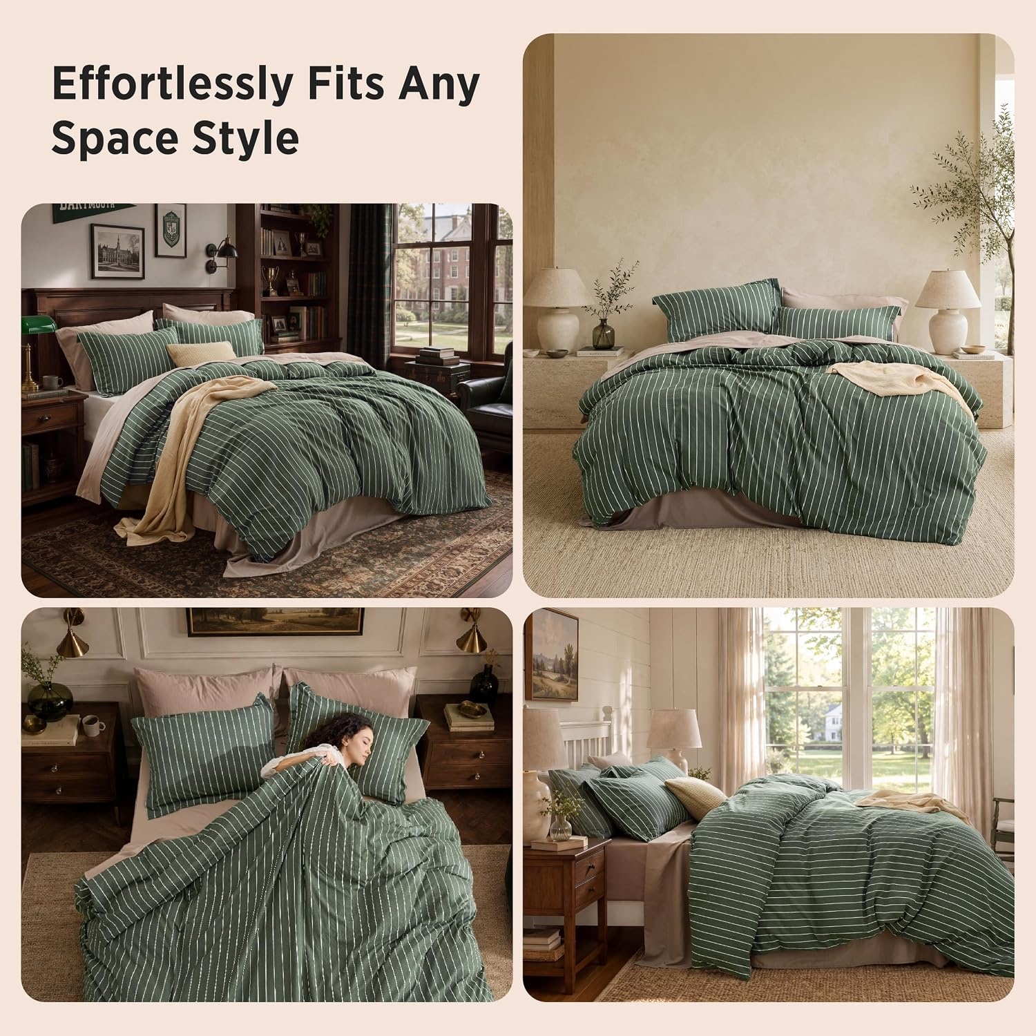 image:imageBedsure Striped Duvet Cover Set CottonLike Bedding Queen Size Olive Green03 Stripes Olive Green No Comforter