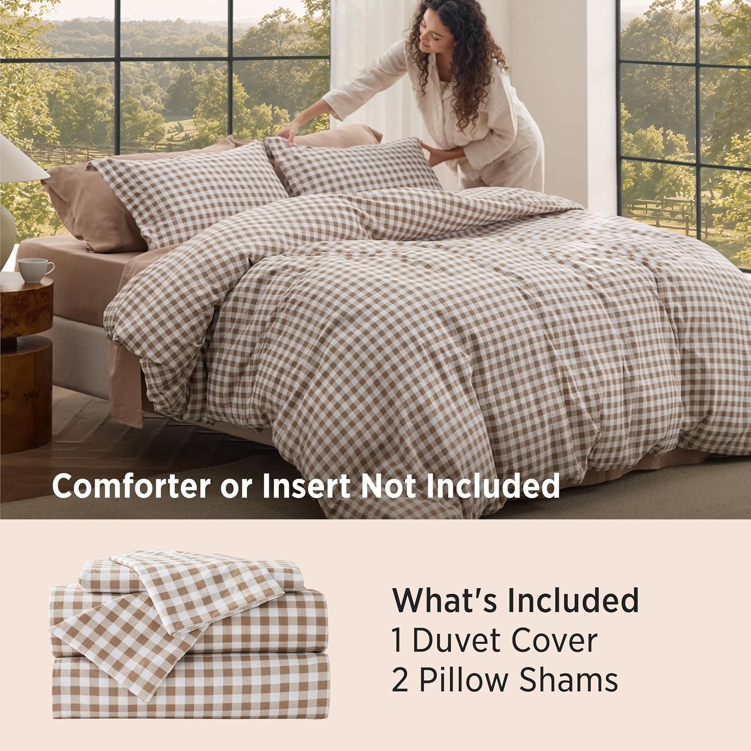 image:imageBedsure Striped Duvet Cover Set CottonLike Bedding Queen Size Olive Green04 Gingham Brown No Comforter