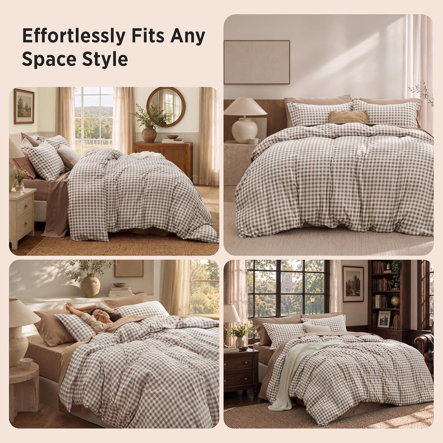 image:imageBedsure Striped Duvet Cover Set CottonLike Bedding Queen Size Olive Green04 Gingham Brown No Comforter