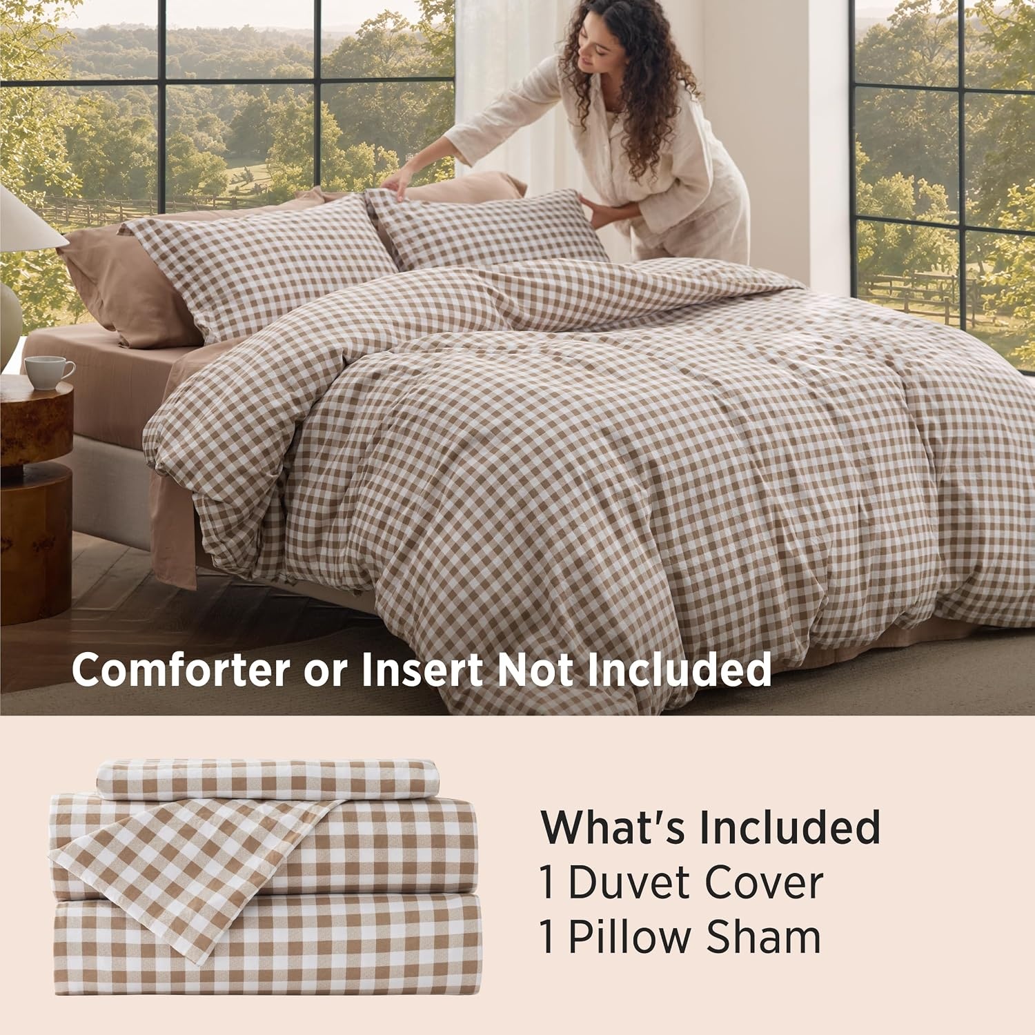 image:imageBedsure Striped Duvet Cover Set CottonLike Bedding Queen Size Olive Green04 Gingham Brown No Comforter