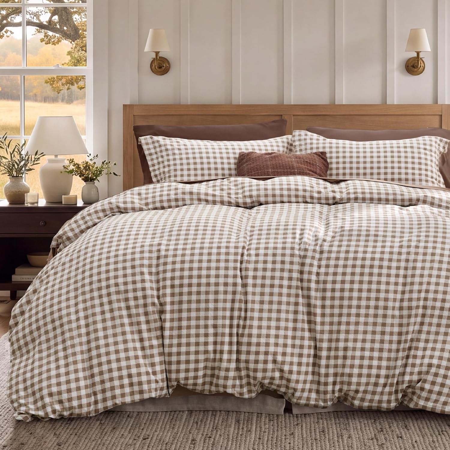 image:imageBedsure Striped Duvet Cover Set CottonLike Bedding Queen Size Olive Green04 Gingham Brown No Comforter