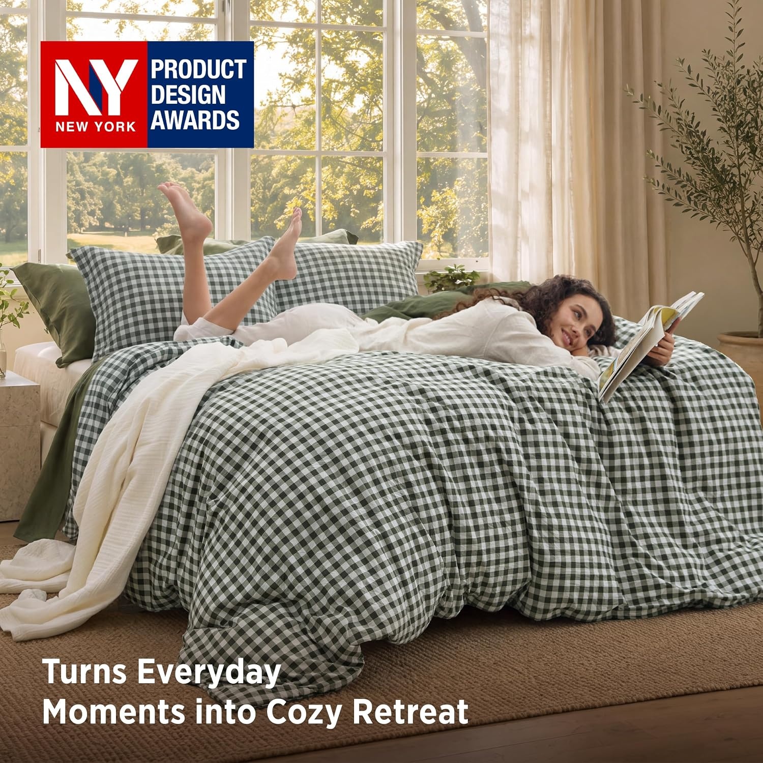 image:imageBedsure Striped Duvet Cover Set CottonLike Bedding Queen Size Olive Green05 Gingham Olive Green No Comforter
