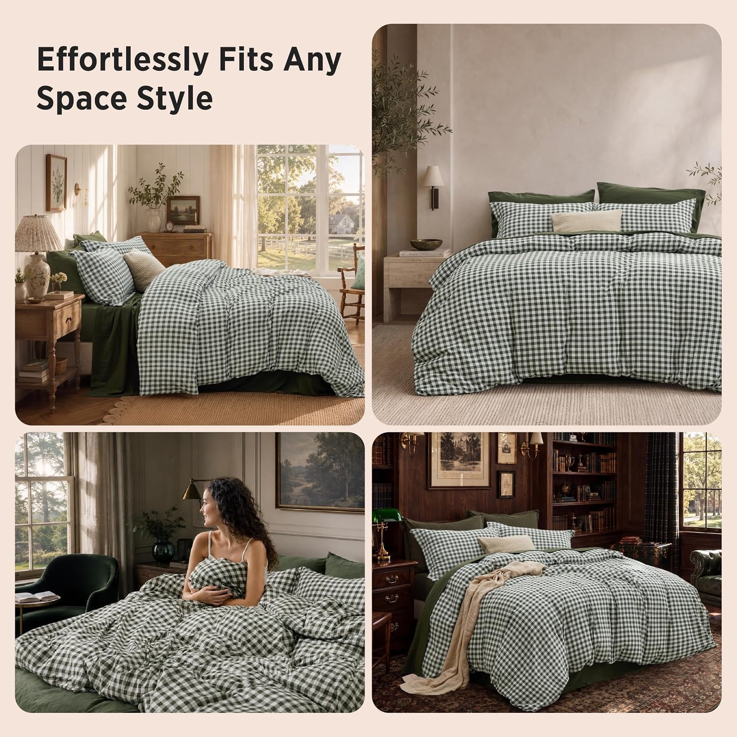 image:imageBedsure Striped Duvet Cover Set CottonLike Bedding Queen Size Olive Green05 Gingham Olive Green No Comforter
