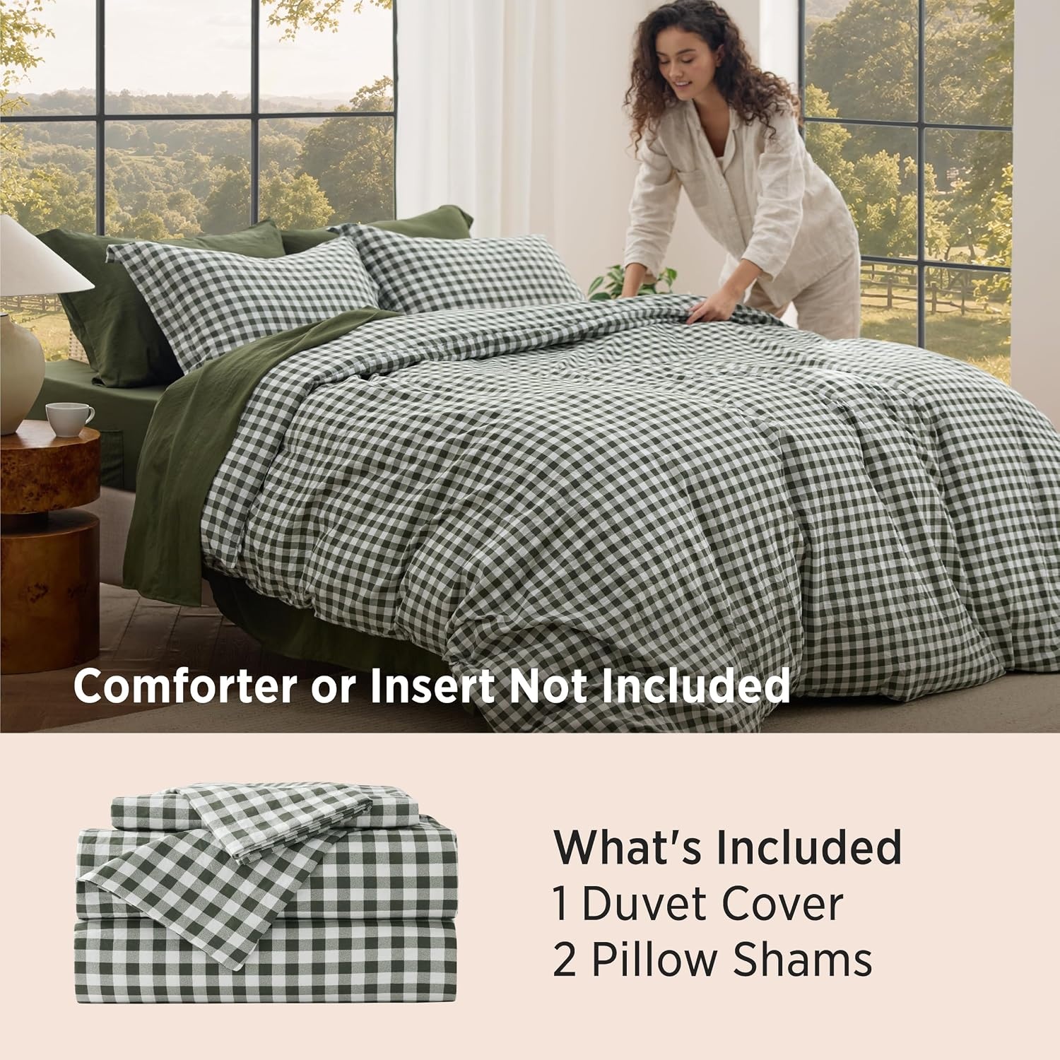 image:imageBedsure Striped Duvet Cover Set CottonLike Bedding Queen Size Olive Green05 Gingham Olive Green No Comforter