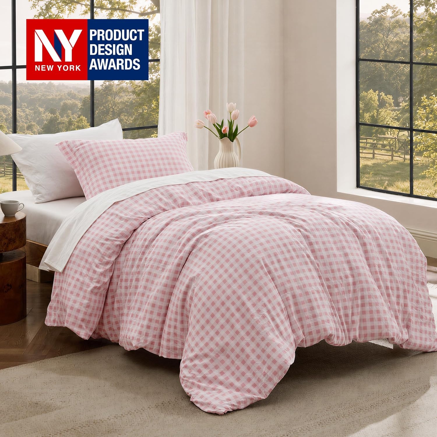 image:imageBedsure Striped Duvet Cover Set CottonLike Bedding Queen Size Olive Green06 Gingham Pink No Comforter