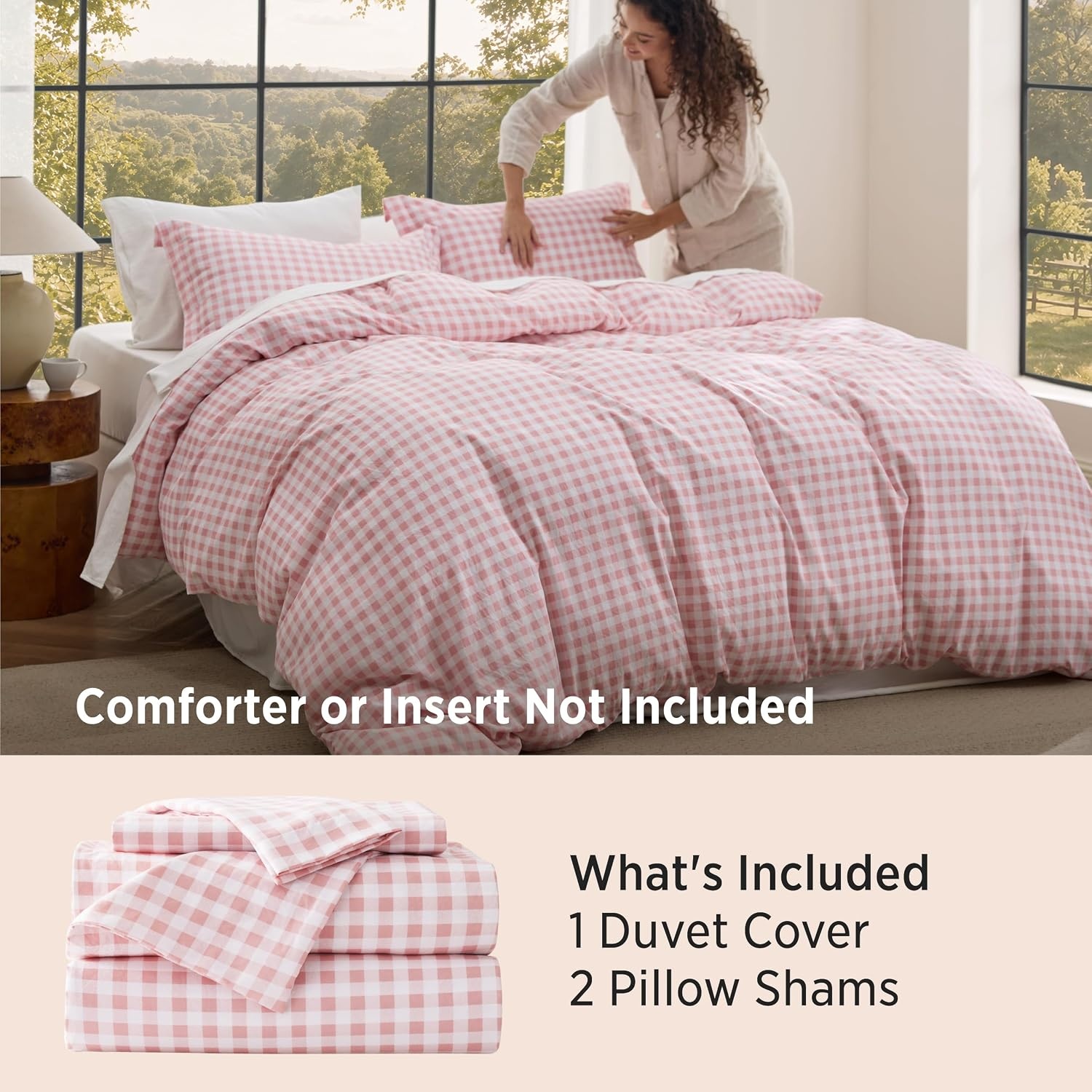 image:imageBedsure Striped Duvet Cover Set CottonLike Bedding Queen Size Olive Green06 Gingham Pink No Comforter
