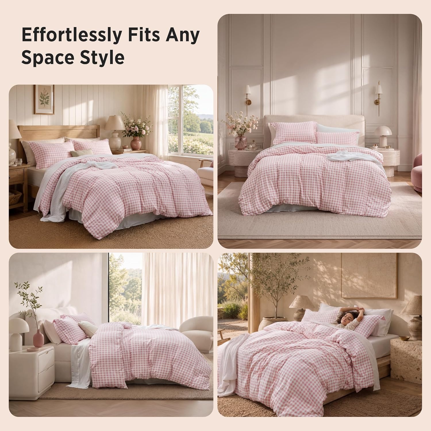 image:imageBedsure Striped Duvet Cover Set CottonLike Bedding Queen Size Olive Green06 Gingham Pink No Comforter