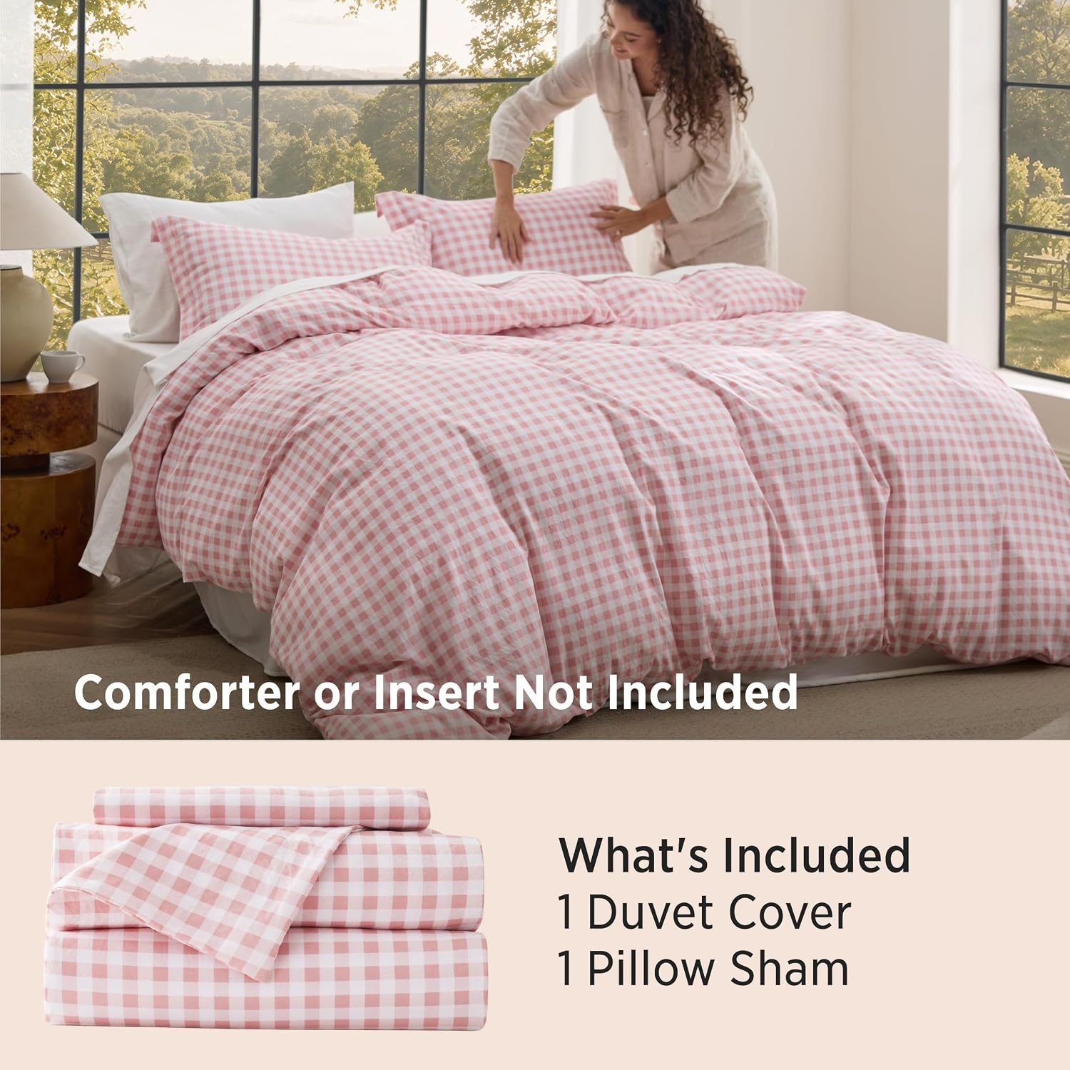 image:imageBedsure Striped Duvet Cover Set CottonLike Bedding Queen Size Olive Green06 Gingham Pink No Comforter
