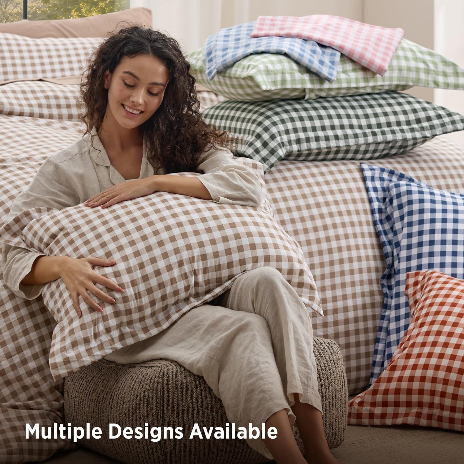 image:imageBedsure Striped Duvet Cover Set CottonLike Bedding Queen Size Olive Green06 Gingham Pink No Comforter