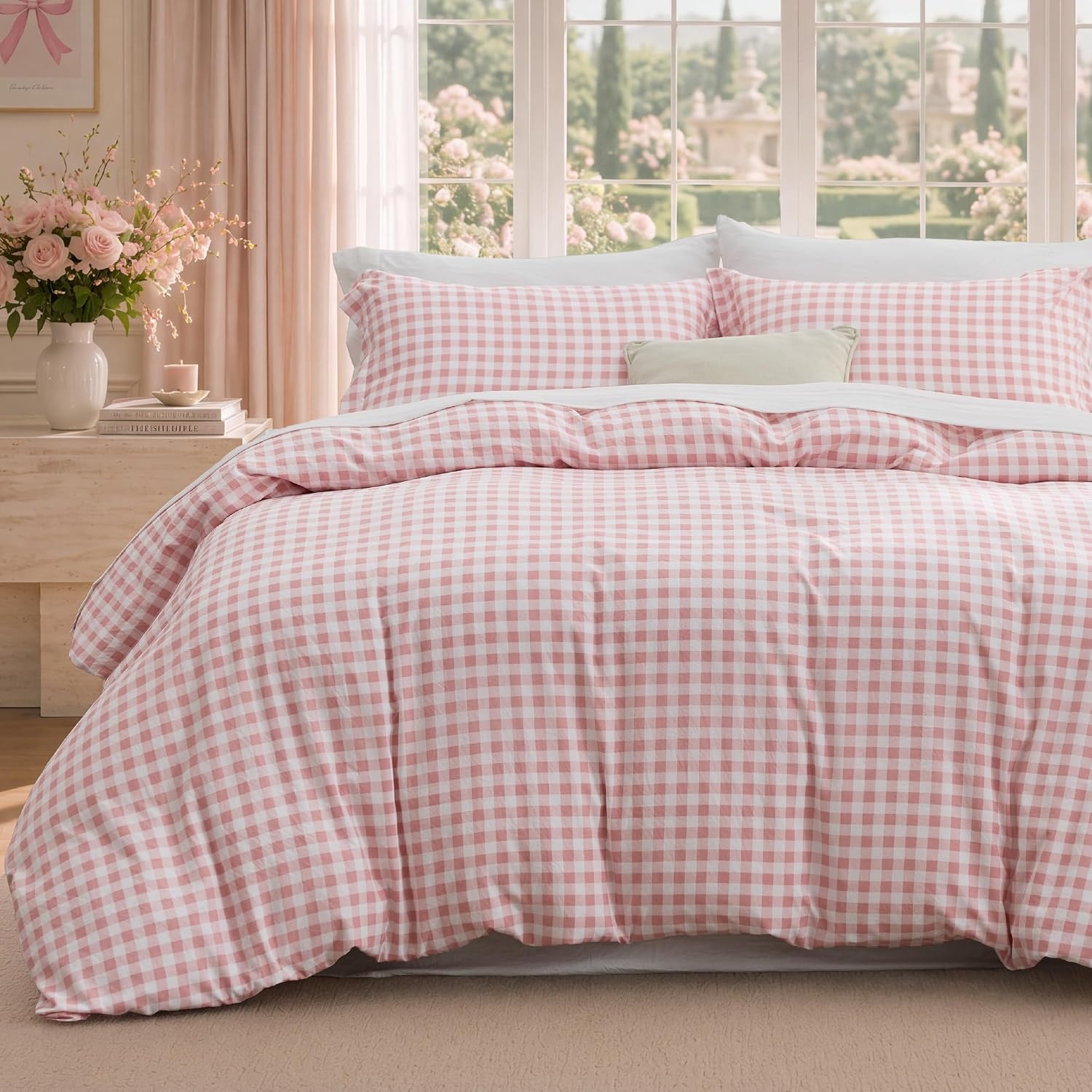 image:imageBedsure Striped Duvet Cover Set CottonLike Bedding Queen Size Olive Green06 Gingham Pink No Comforter