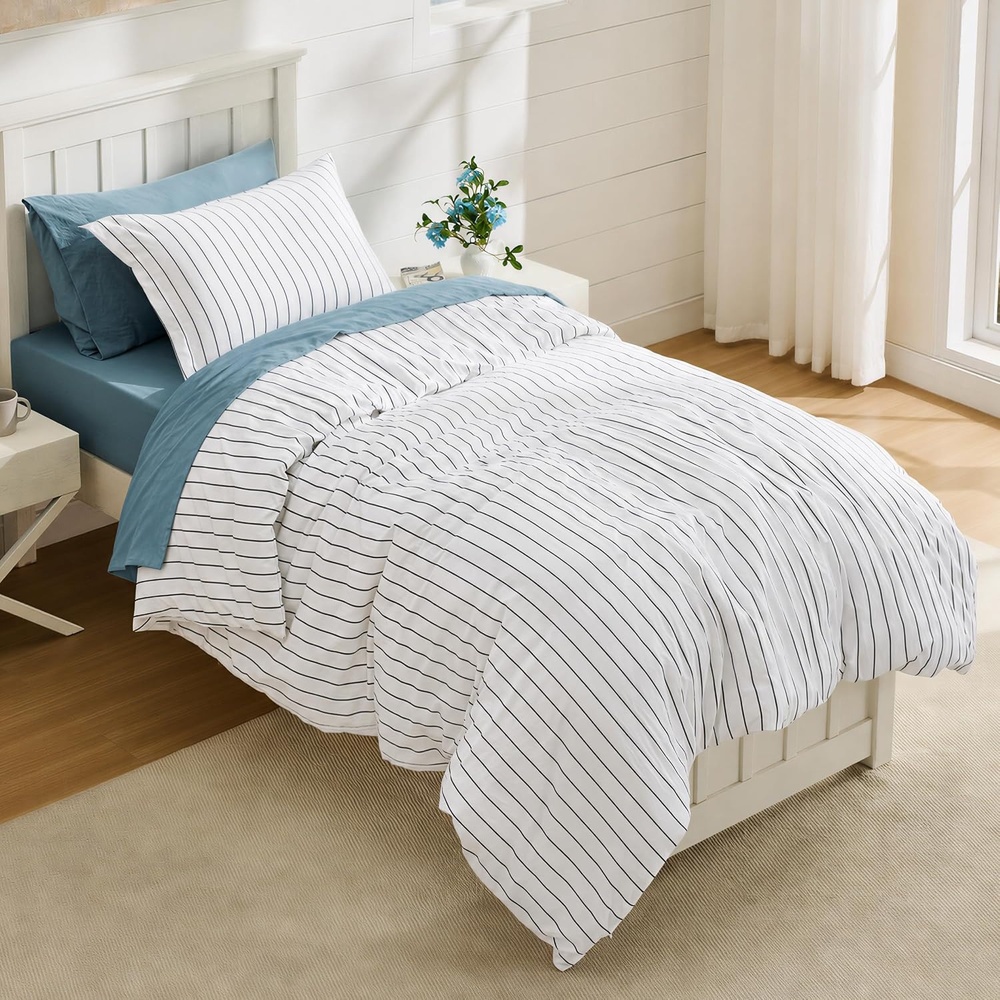 image:imageBedsure Striped Duvet Cover Set CottonLike Bedding Queen Size Olive Green01 Stripes BlackWhite No Comforter
