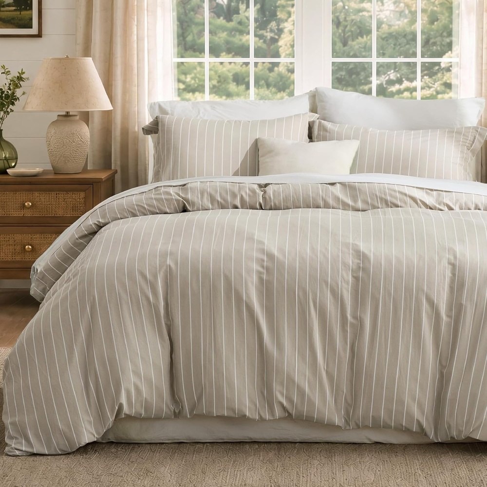 image:imageBedsure Striped Duvet Cover Set CottonLike Bedding Queen Size Olive Green02 Stripes Tannish Linen No Comforter