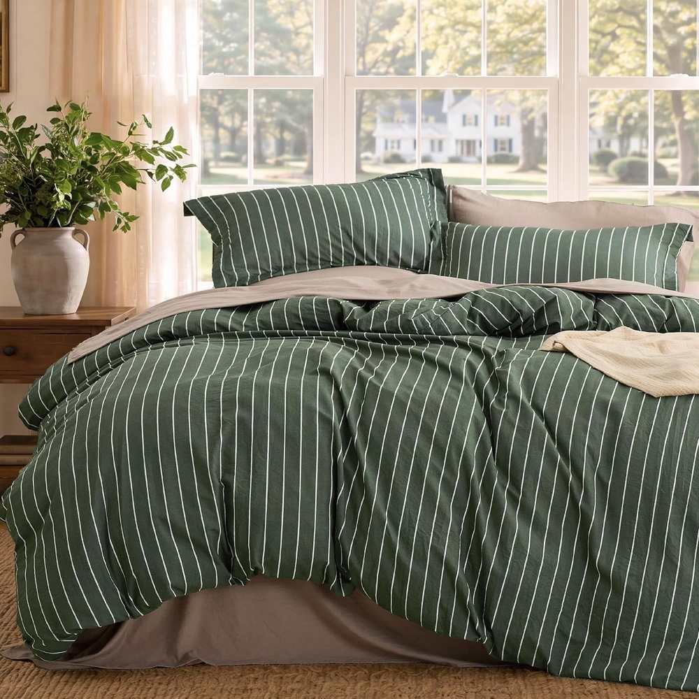image:imageBedsure Striped Duvet Cover Set CottonLike Bedding Queen Size Olive Green03 Stripes Olive Green No Comforter