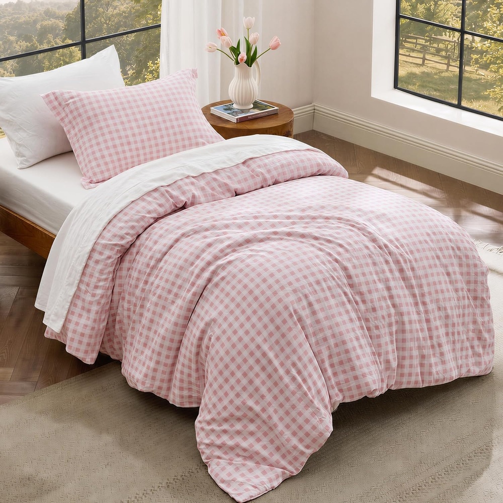 image:imageBedsure Striped Duvet Cover Set CottonLike Bedding Queen Size Olive Green06  Gingham  Pink No Comforter
