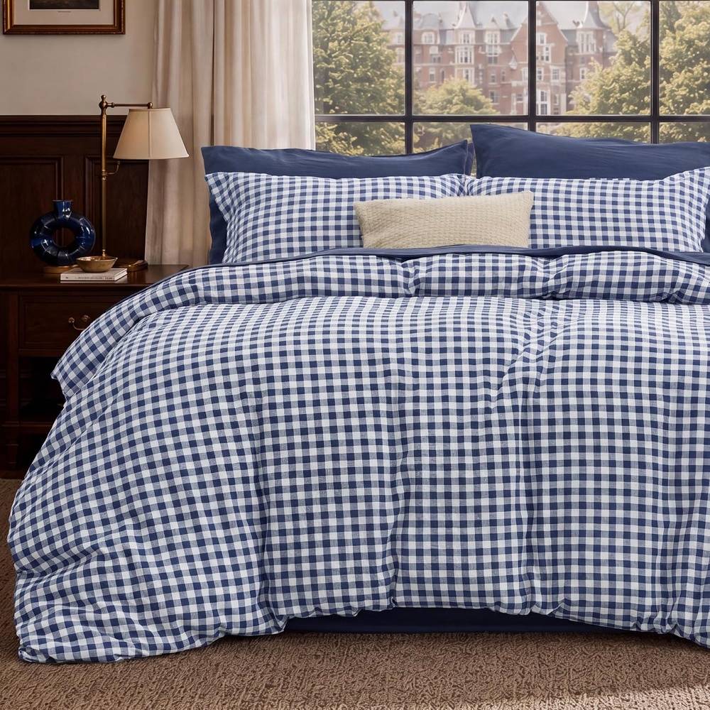 image:imageBedsure Striped Duvet Cover Set CottonLike Bedding Queen Size Olive Green07  Gingham  Navy Blue No Comforter