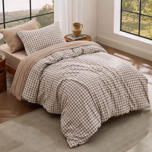 Bedsure Striped Duvet Cover Set Cotton-Like Bedding Queen Size, Olive Green(04 – Gingham – Brown (No Comforter))