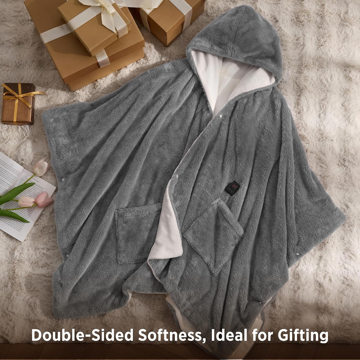 image:imageBedsure Cordless Wearable Heated Blanket Hoodie Blue Portable Heated Shawl01 Grey