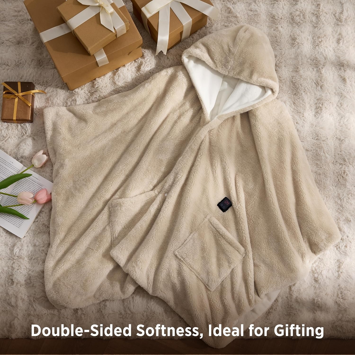 image:imageBedsure Cordless Wearable Heated Blanket Hoodie Blue Portable Heated Shawl03 Cream