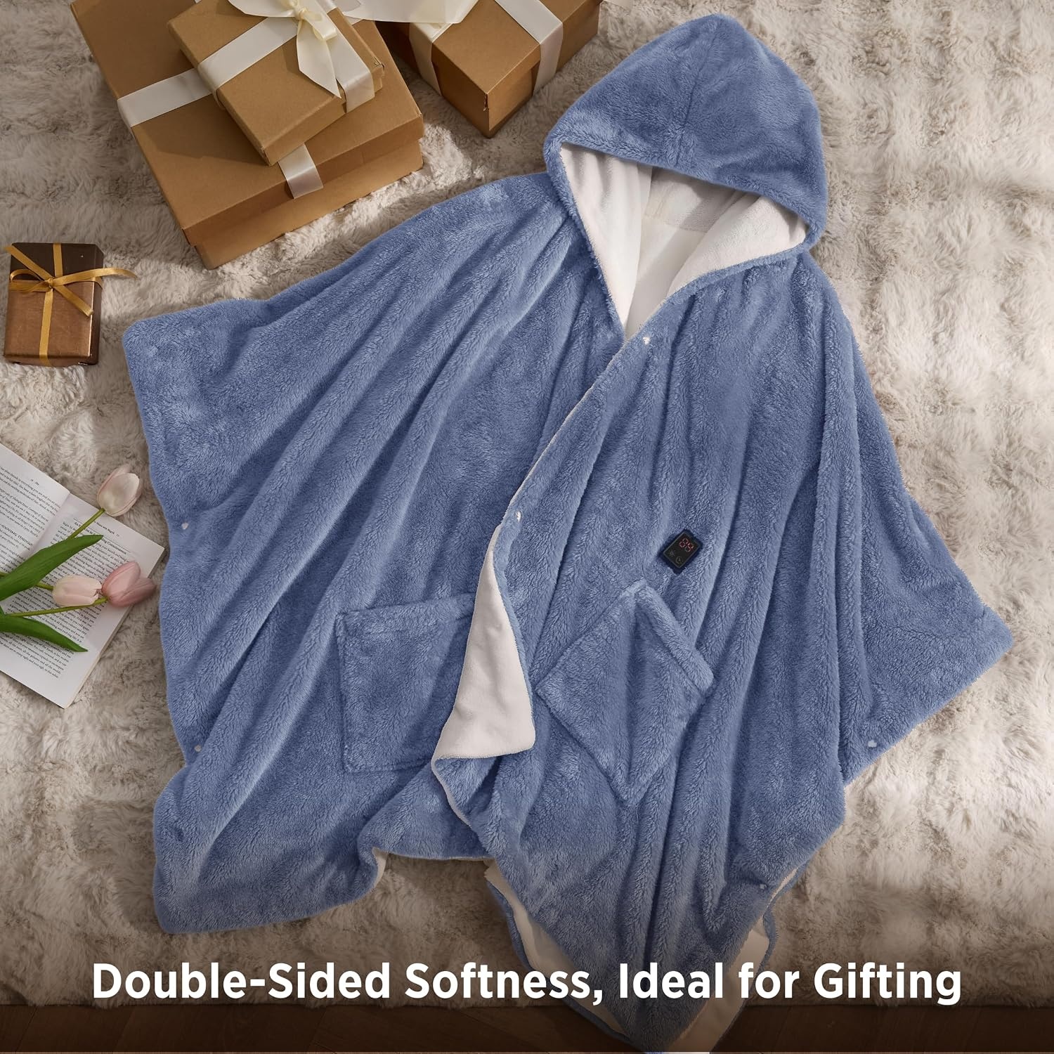 image:imageBedsure Cordless Wearable Heated Blanket Hoodie Blue Portable Heated Shawl04 Blue