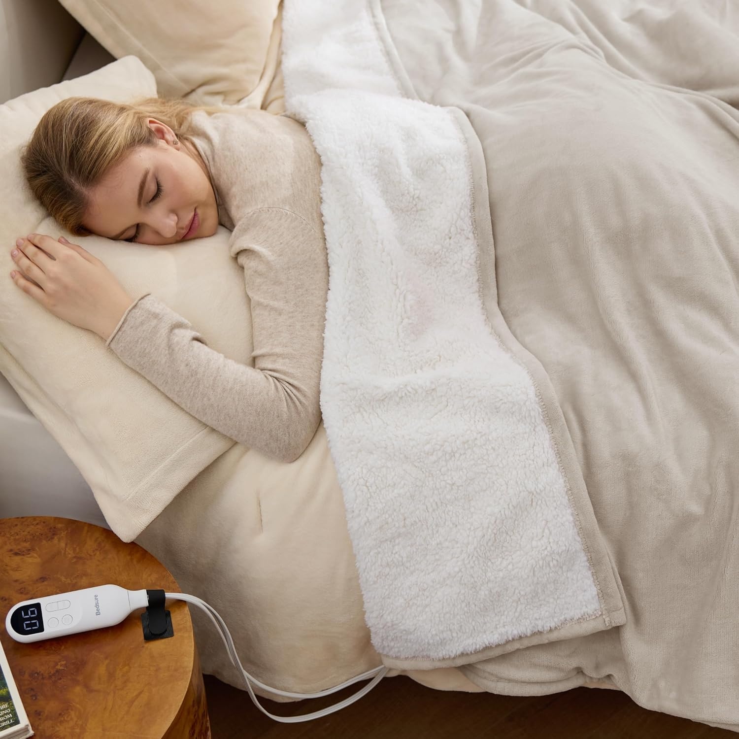 image:imageBedsure HeatX Heated Throw Blanket Electric Blanket with Preheat Grey02 Beige