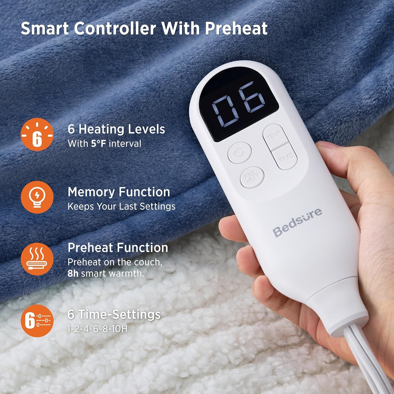 image:imageBedsure HeatX Heated Throw Blanket Electric Blanket with Preheat Grey03 Blue